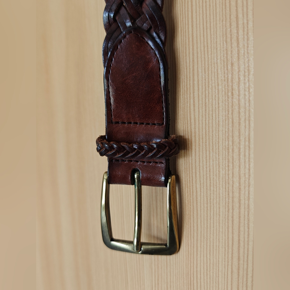 Massimo Dutti Men's Brown Leather Braided Belt with Brass Buckle, Size 42"/105cm